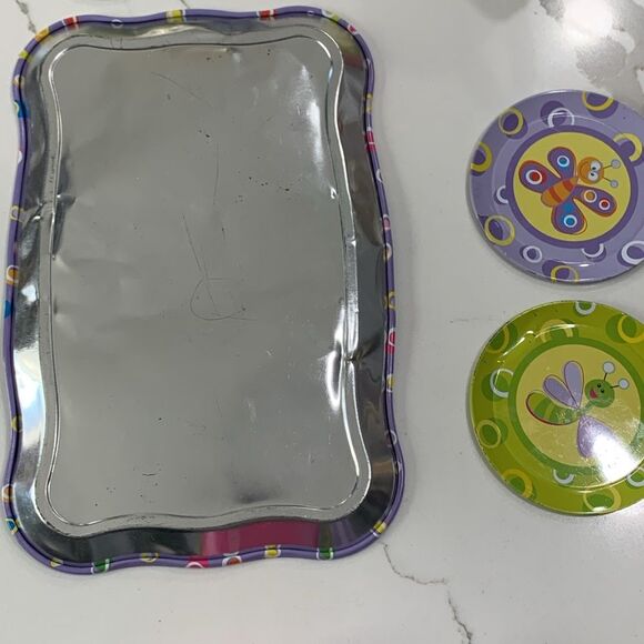 Schylling | Vintage 15 pc Girls Pretend Metal Tea Set Teapot Tray Saucer Cups - Picture 6 of 13